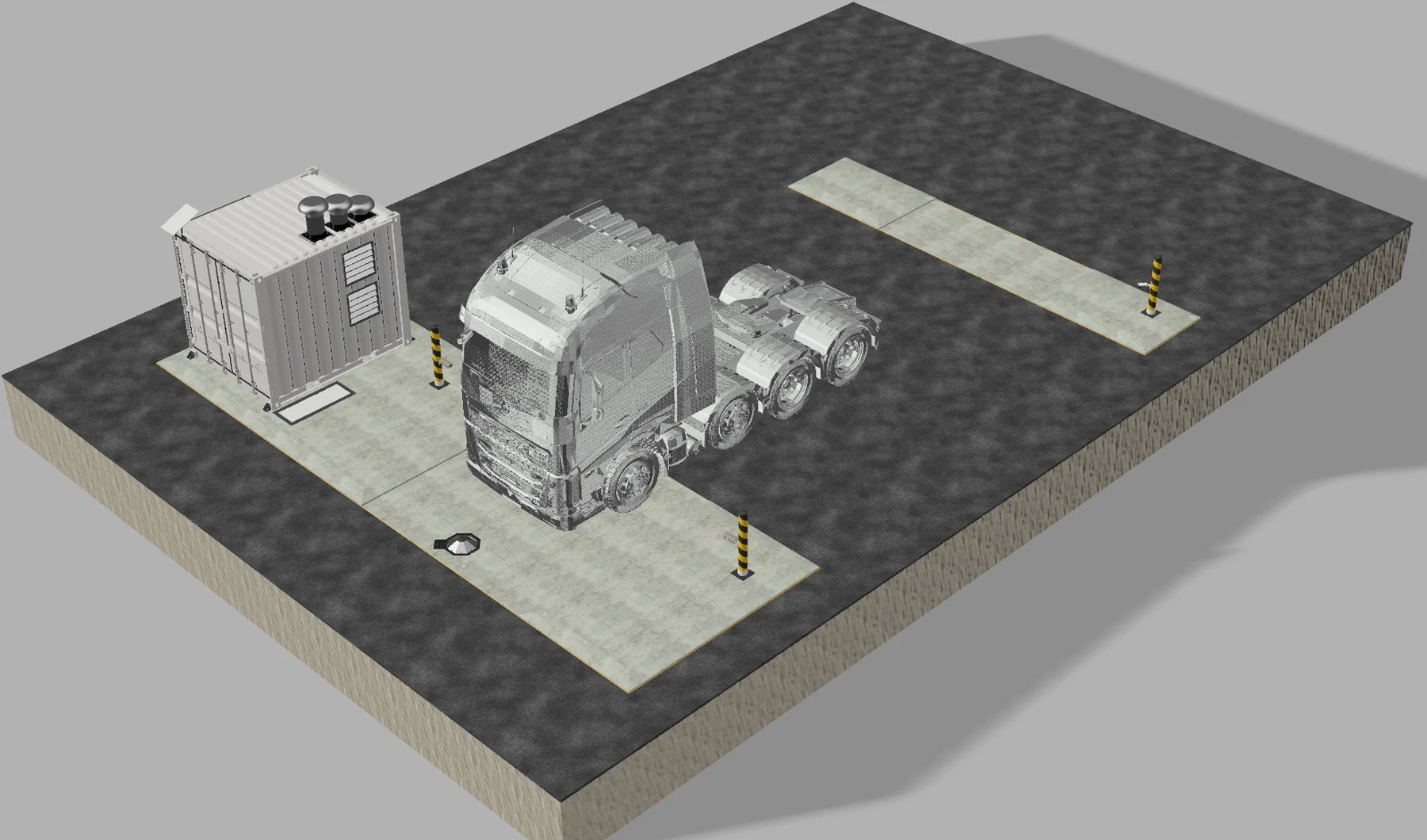 3D render of PilbaraVision Haul inspection layout for heavy vehicle condition monitoring