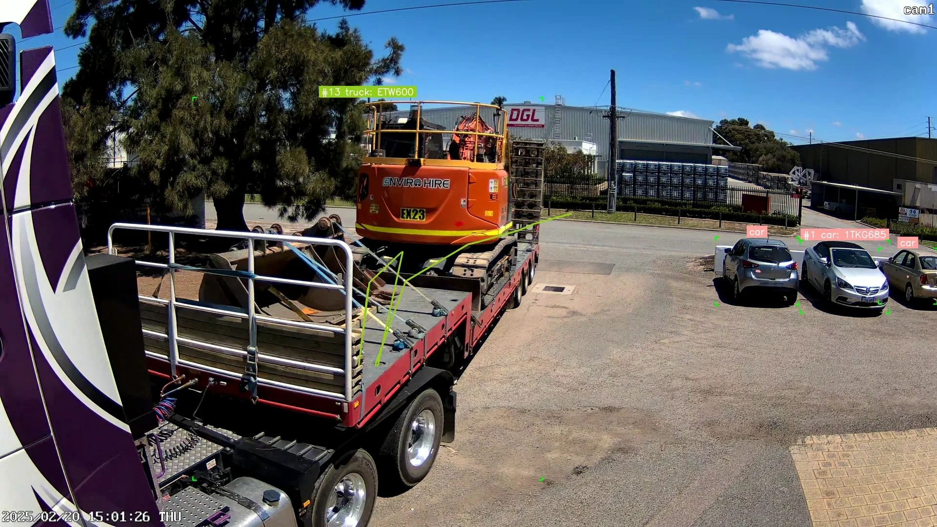 Annotated Machine Vision still showing Hitachi excavator transport and vehicle detection