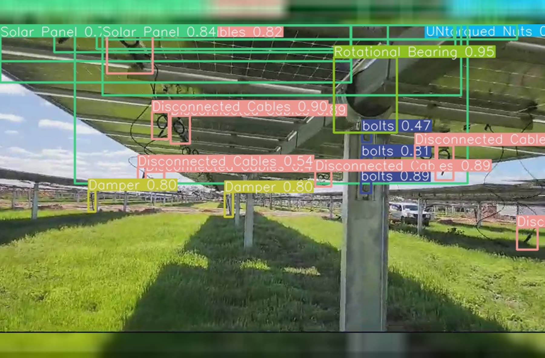 Annotated solar tracker inspection showing solar panels, disconnected cables, dampers, bolts and rotational bearing detections